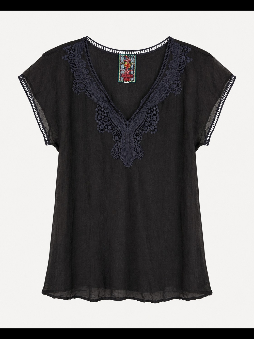 Johnny Was Black Blouse Dark Navy Lace Crochet Trim Top X - Picture 3 of 4